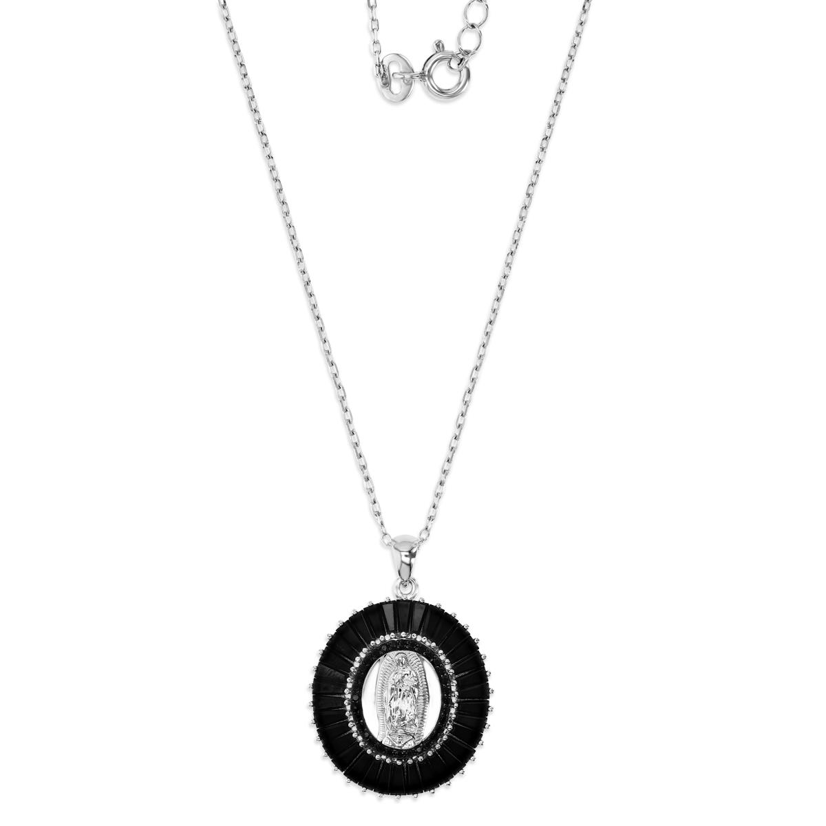 Sterling Silver Rhodium & Black Rnd & TB Black Spinel 30X21 Polish & Textured Vergin Mary Oval 18"Necklace