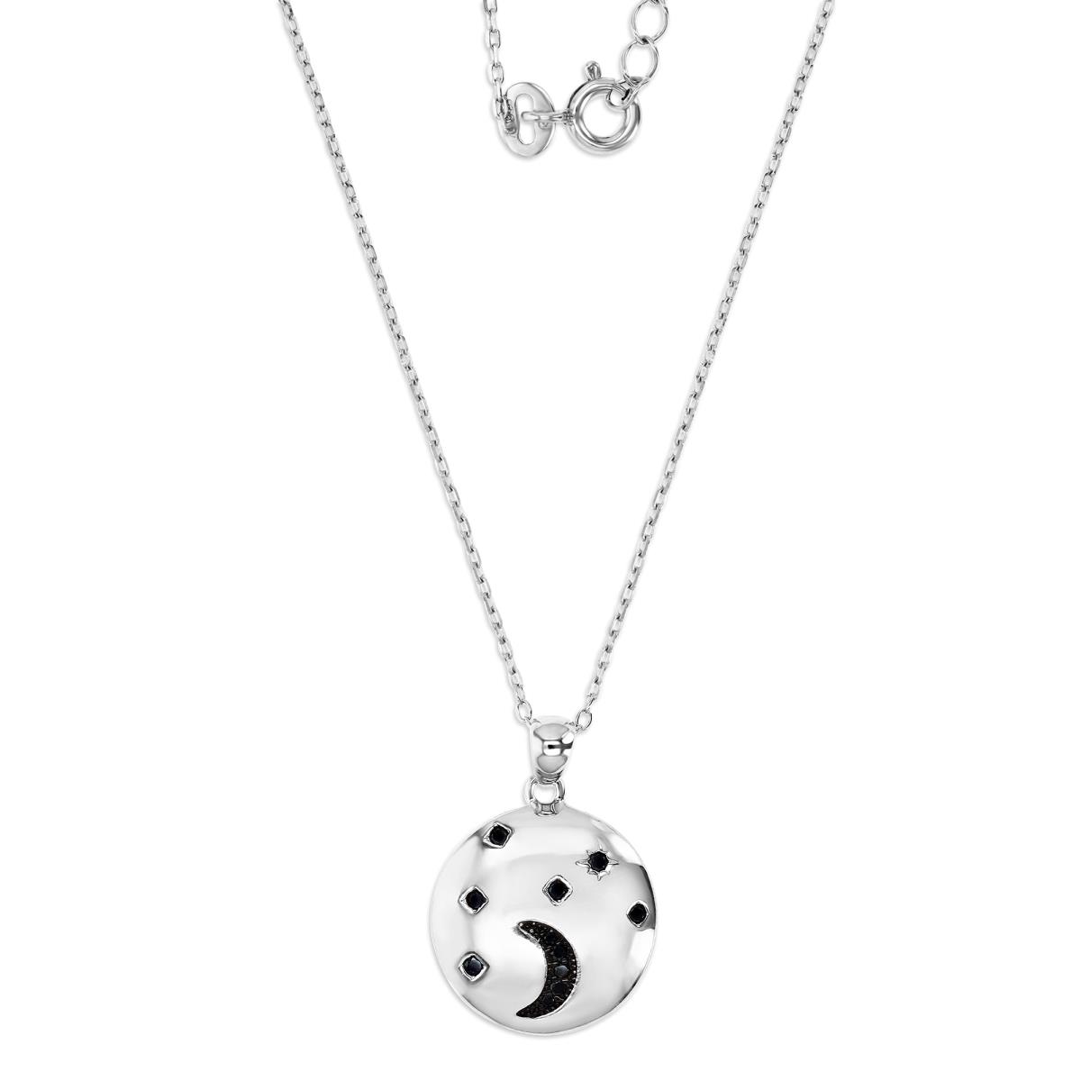 Sterling Silver Rhodium & Black  Rnd Black Spinel  23X17mm Textured Stars & Moon Puffy 18"Necklace