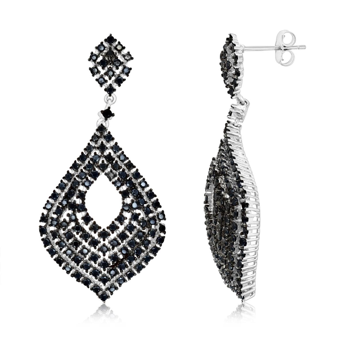 Sterling Silver Rhodium & Black Pave Round Black Spinel 23x50mm Cocktail Marquise Dangling Earring