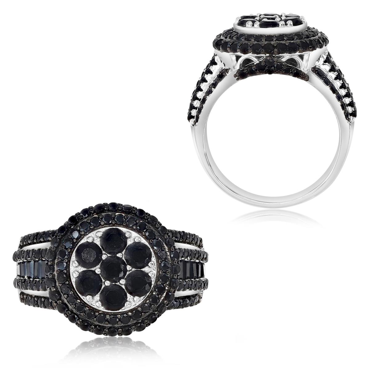 Sterling Silver Rhodium & Black  Round/Baguette Black Spinel 15mm Cluster Fashion Ring