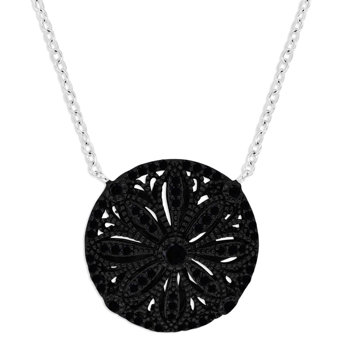 Sterling Silver Rhodium & Black Rnd Black Spinel  Milgrain Dome Flower in Circle 18"Necklace