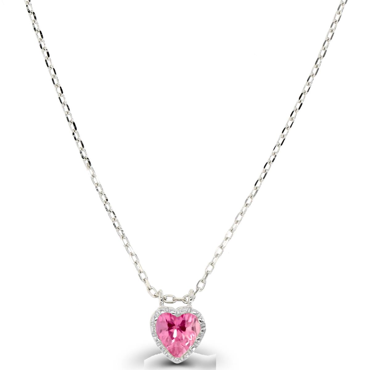 Sterling Silver Rhodium Pink Heart CZ Necklace 13"+2"