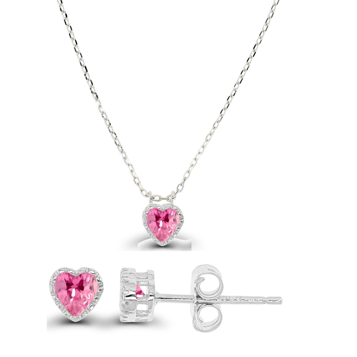 Sterling Silver Rhodium Pink Heart CZ Necklace 13"+2" & Earring SEt