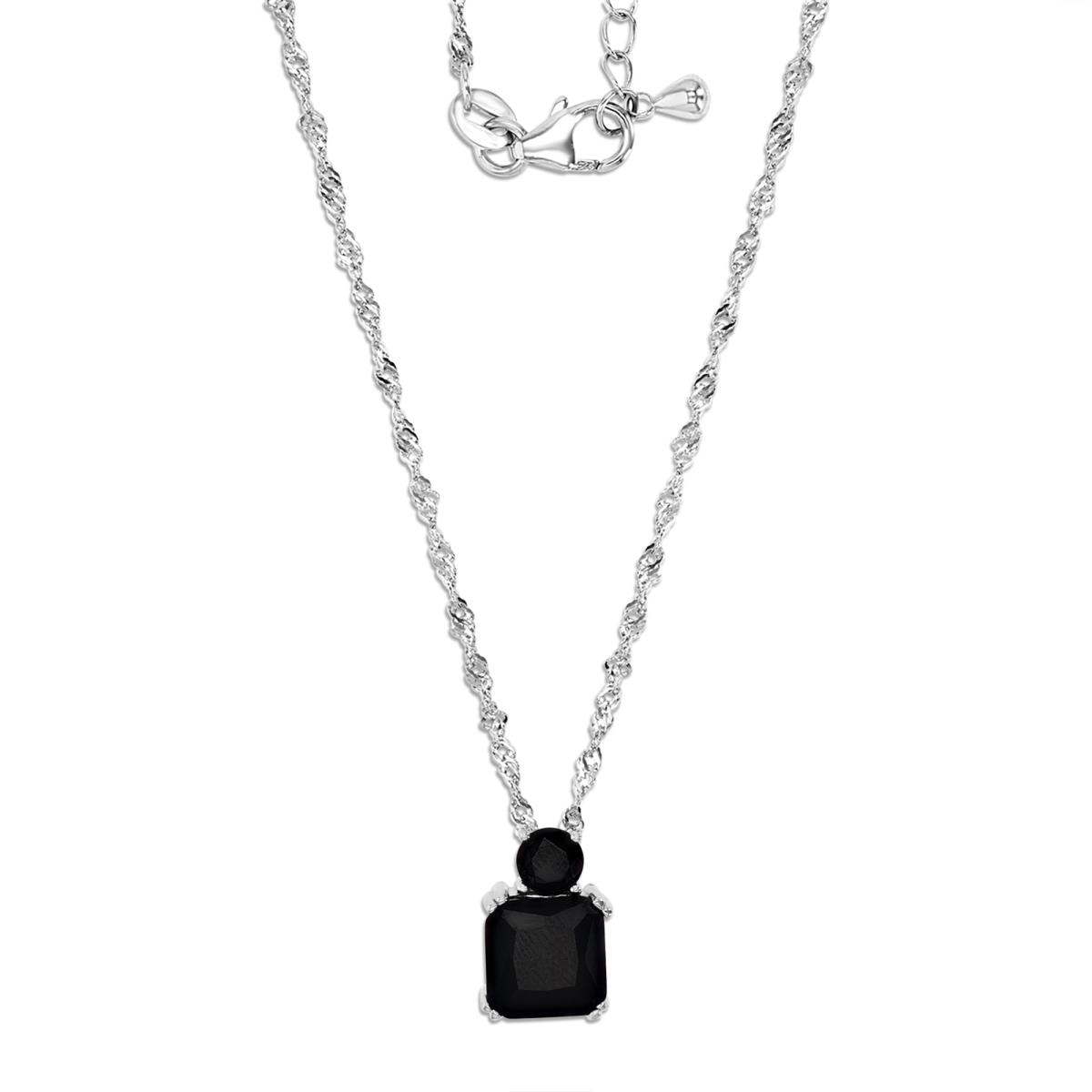 Sterling Silver Rhodium & Black 8mm Princess & Rnd Black Spinel 2-Stone 18"Necklace