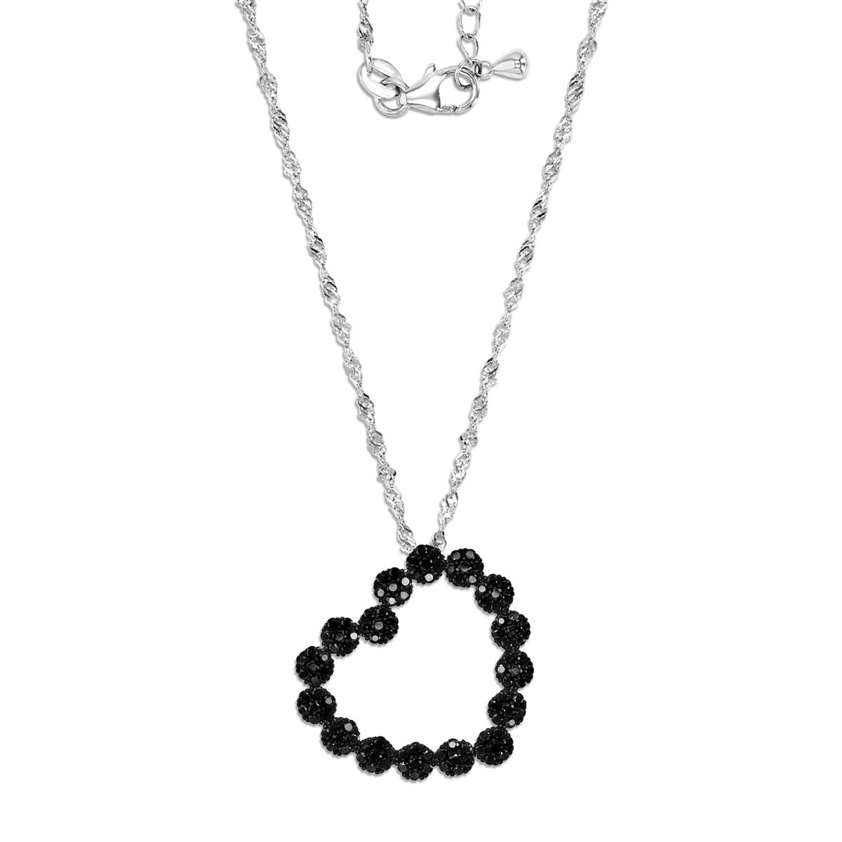 Sterling Silver Rhodium & Black Rnd Black Spinel Flower Clusters Open Heart 18+2"Singapore Chain Necklace